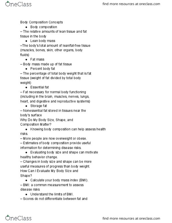 PE 116 Chapter Notes - Chapter 6: Lean Body Mass, Body Composition thumbnail