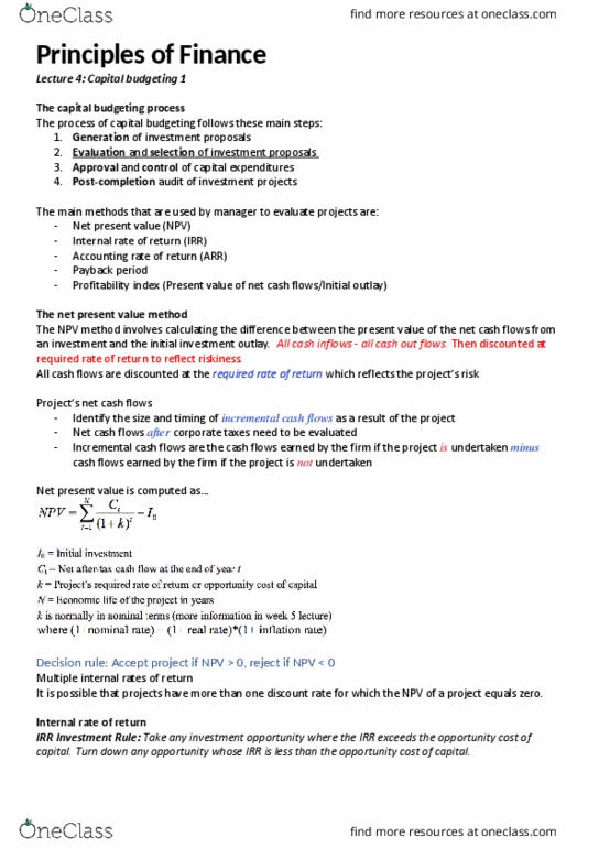 FNCE10002 Lecture Notes - Lecture 4: Capital Budgeting, Net Present Value, Payback Period thumbnail