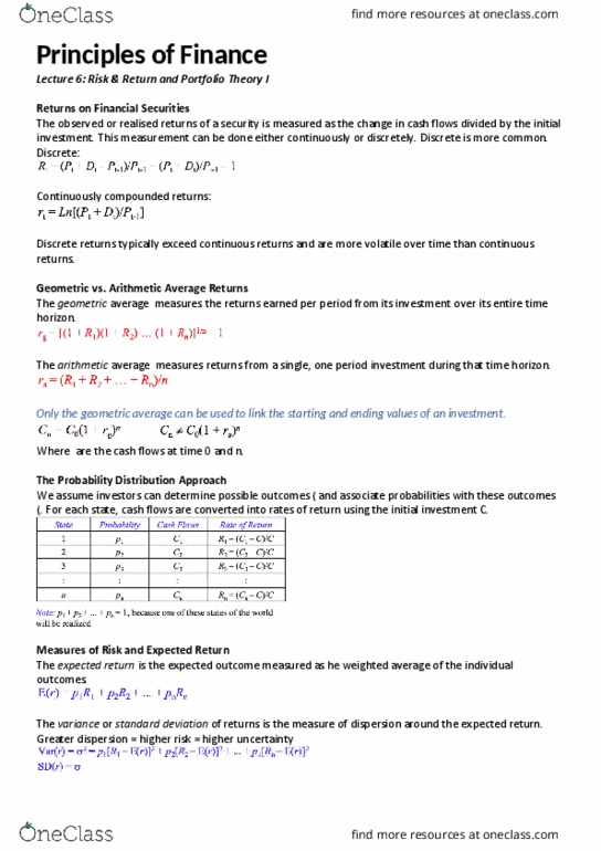 FNCE10002 Lecture Notes - Lecture 6: Expected Return, Weighted Arithmetic Mean, Standard Deviation thumbnail