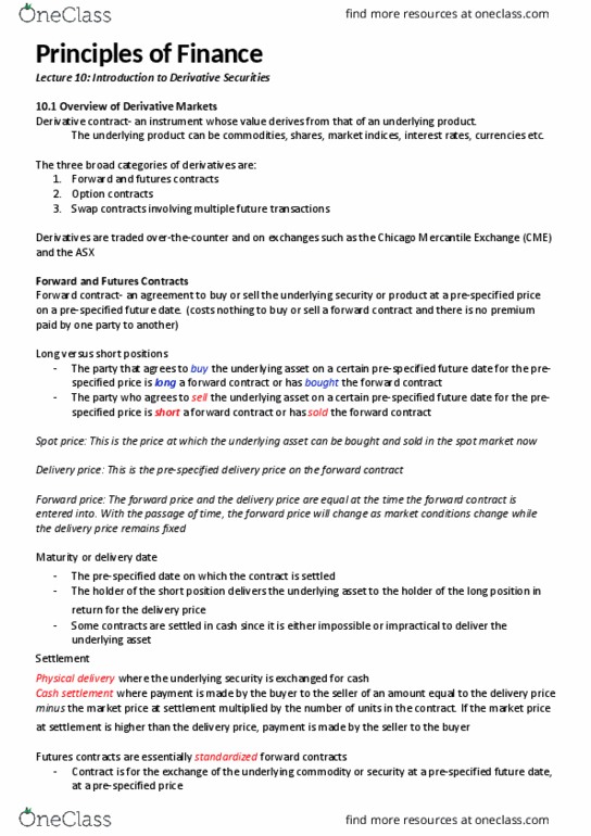 FNCE10002 Lecture Notes - Lecture 10: Forward Price, Call Option, Underlying thumbnail