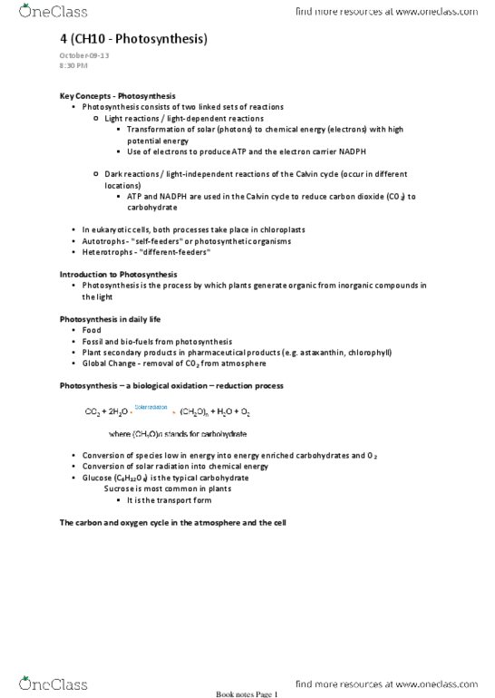 BIO203H5 Chapter Notes -Melvin Calvin, James Bassham, Andrew Benson thumbnail