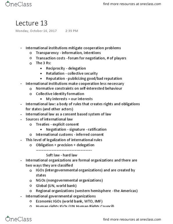 POLI 244 Lecture Notes - Lecture 13: United Nations Human Rights Council, Soft Law, Collective Identity thumbnail