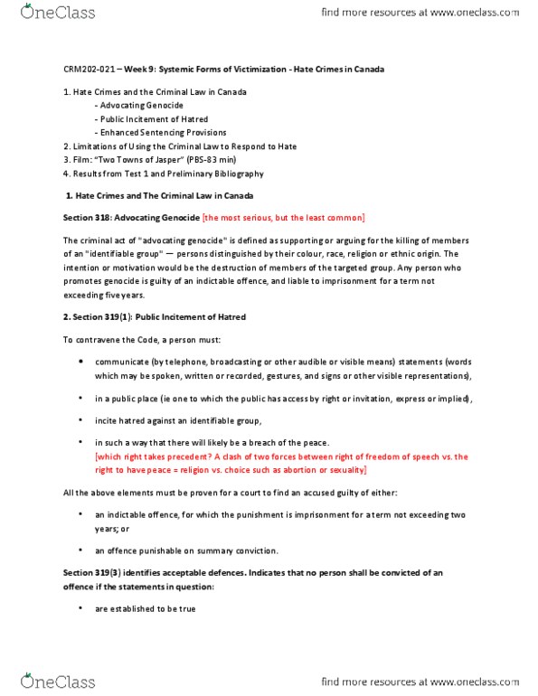 CRM 202 Lecture Notes - Indictable Offence, Hate Crime, Summary Offence thumbnail