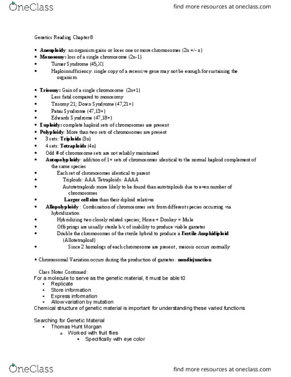 BIO 352 Chapter Notes - Chapter 8: Polyploid, Chromosome, Haploinsufficiency thumbnail