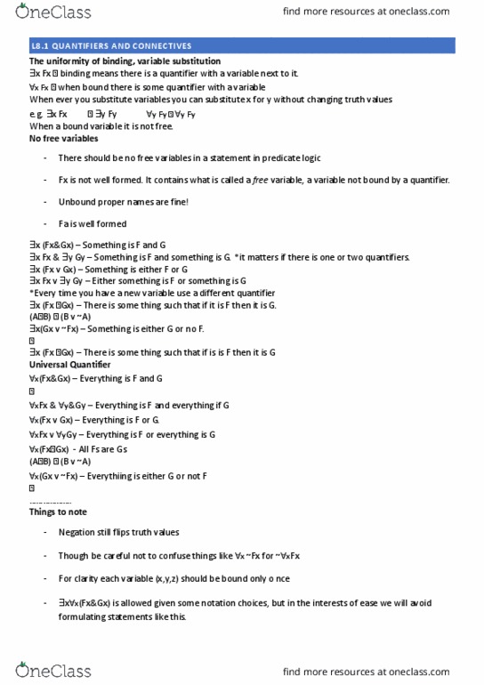 PHIL1005 Lecture Notes - Lecture 8: Free Variables And Bound Variables, Abseiling, Propositional Calculus thumbnail