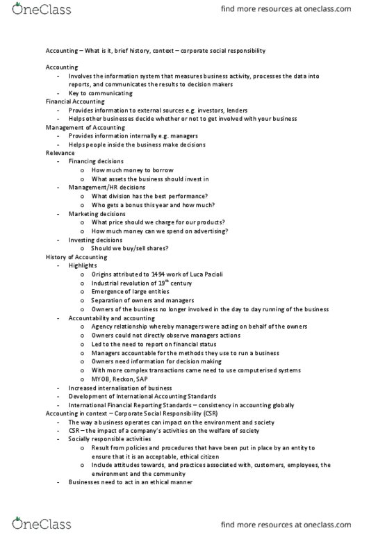 BSB110 Lecture Notes - Lecture 1: Industrial Revolution, International Financial Reporting Standards, Stakeholder Management thumbnail