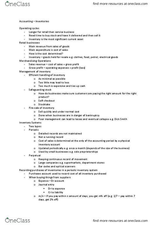 BSB110 Lecture Notes - Lecture 6: Gross Profit, Current Asset, Weighted Arithmetic Mean thumbnail