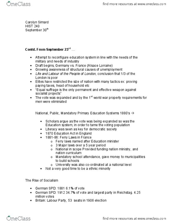 HIST 240 Lecture Notes - Elementary Education Act 1870, Unemployment Benefits, Disability Insurance thumbnail