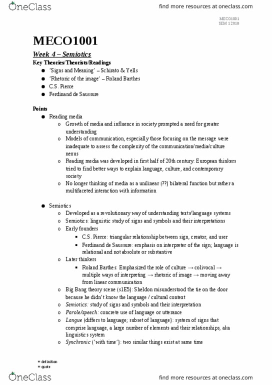 MECO1001 Lecture Notes - Lecture 4: Media Studies, Wicket-Keeper, Foucauldian Discourse Analysis thumbnail