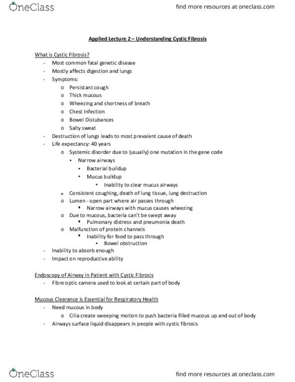 BIOLOGY 1A03 Lecture Notes - Lecture 2: Cystic Fibrosis, Bowel Obstruction, Wheeze thumbnail