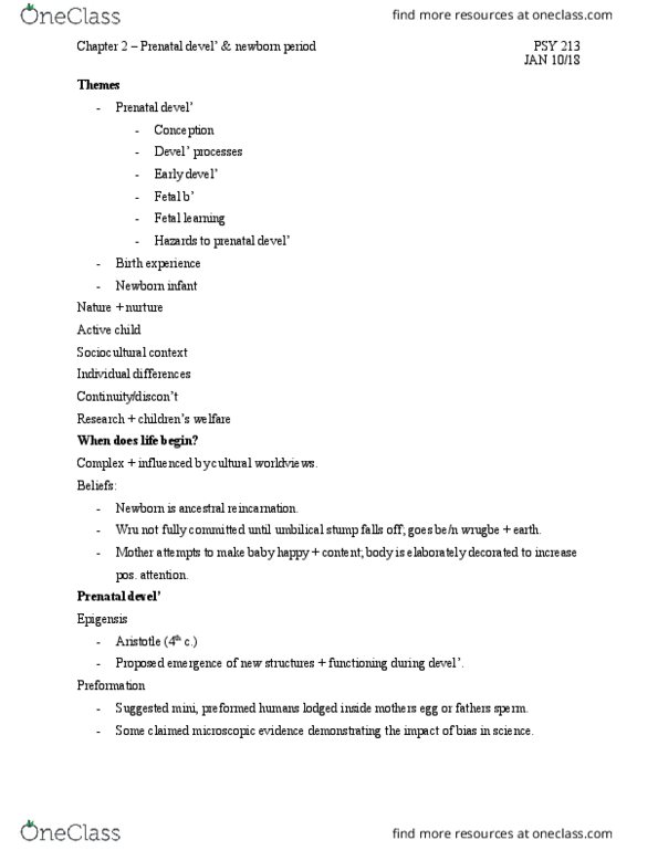 PSY 213 Lecture Notes - Lecture 2: Amniotic Sac, Umbilical Cord, Prenatal Development thumbnail