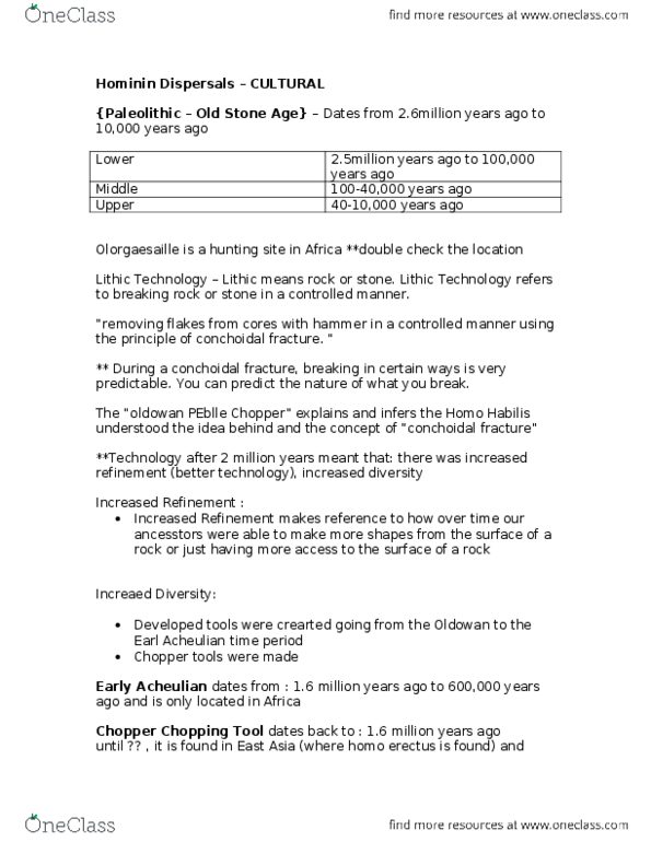 ANT200H5 Lecture Notes - Conchoidal Fracture, Paleolithic, Homo Habilis thumbnail