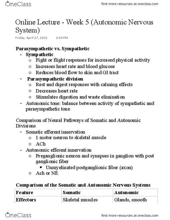 NURS 301 Lecture Notes - Lecture 5: Autonomic Nervous System, Postganglionic Nerve Fibers, Sympathetic Ganglion thumbnail