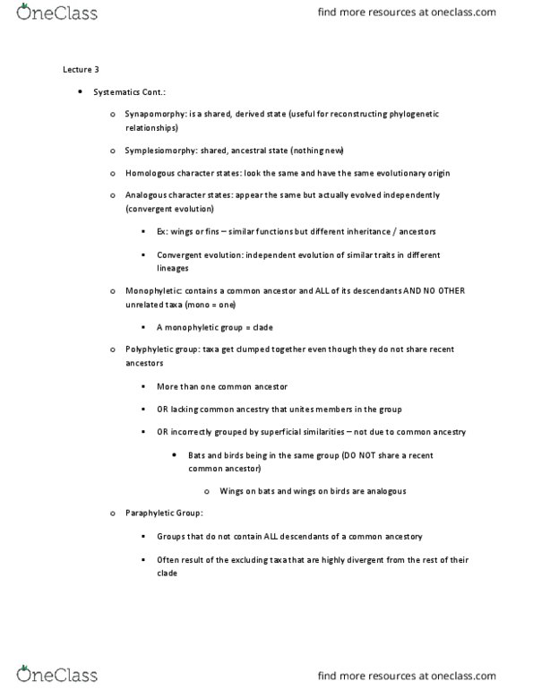 BIOL108 Lecture Notes - Lecture 3: Convergent Evolution, Symplesiomorphy, Monophyly thumbnail