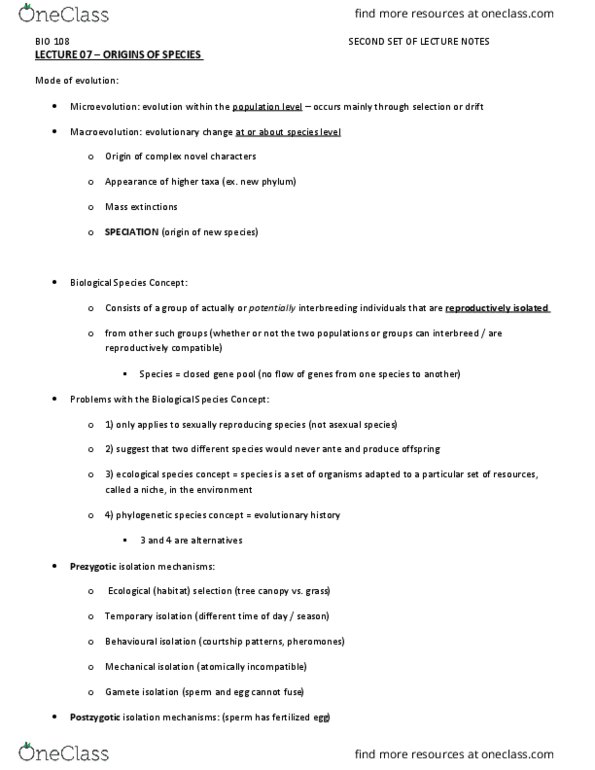 BIOL108 Lecture Notes - Lecture 7: Species, Reproductive Isolation, Macroevolution thumbnail