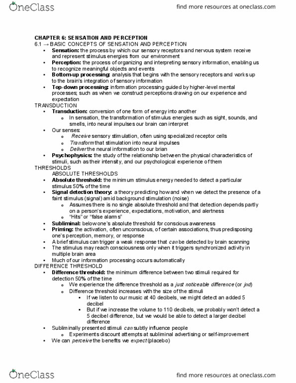 PSY 1101 Chapter Notes - Chapter 6: Absolute Threshold, Detection Theory, Subliminal Stimuli thumbnail