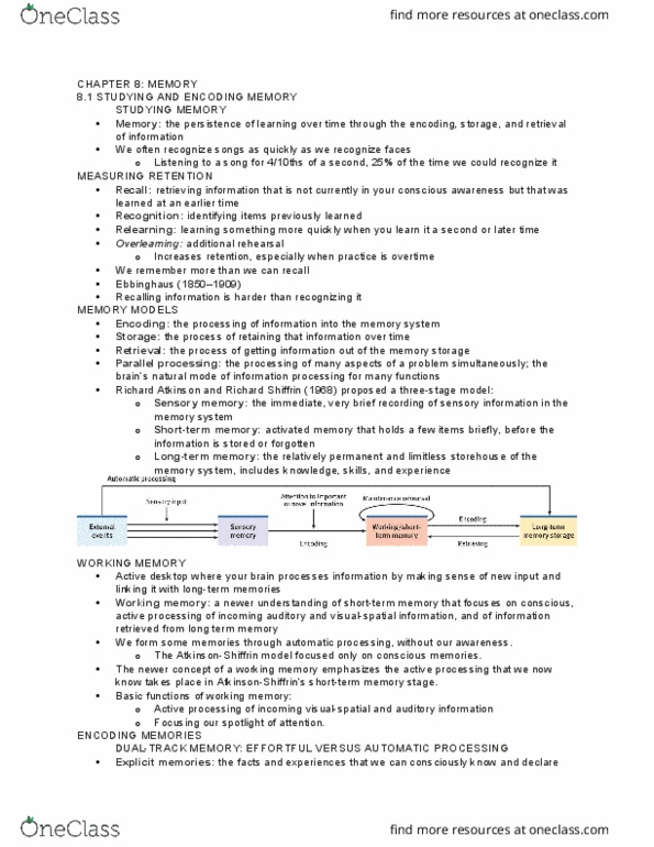 PSY 1101 Chapter Notes - Chapter 8: Richard Shiffrin, Long-Term Memory, Explicit Memory thumbnail