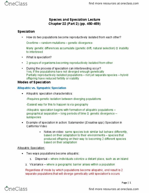 BIOL 1020U Lecture Notes - Lecture 22: Peripatric Speciation, Allopatric Speciation, Sympatric Speciation thumbnail
