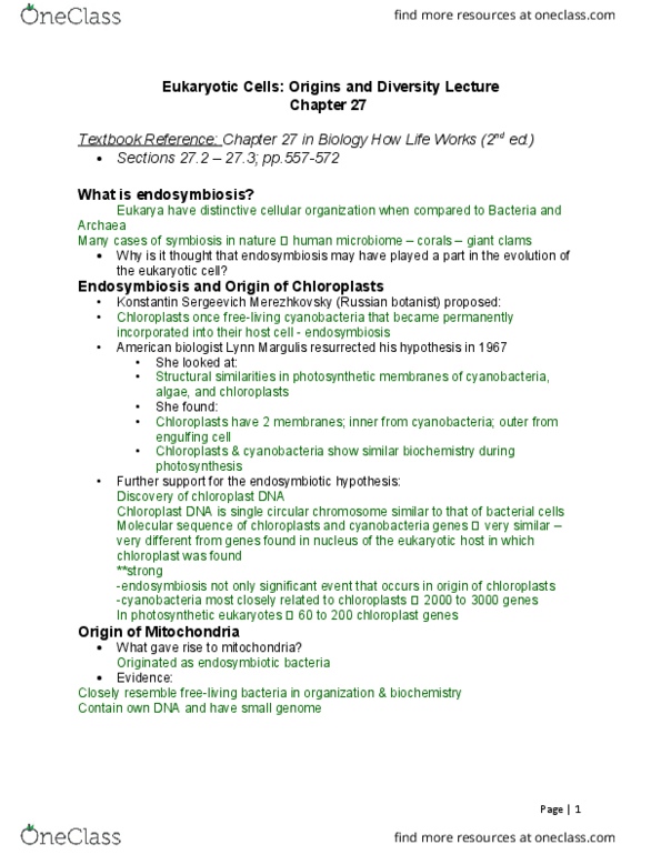 BIOL 1020U Lecture Notes - Lecture 27: Lynn Margulis, Symbiogenesis, Chloroplast Dna thumbnail