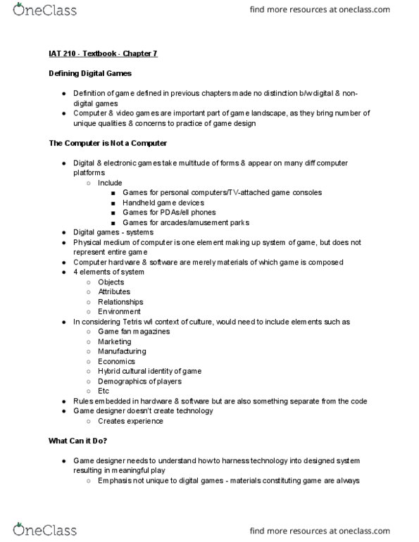 IAT 210 Chapter Notes - Chapter 7: Computer And Video Games, Computer Hardware, Memory Management thumbnail