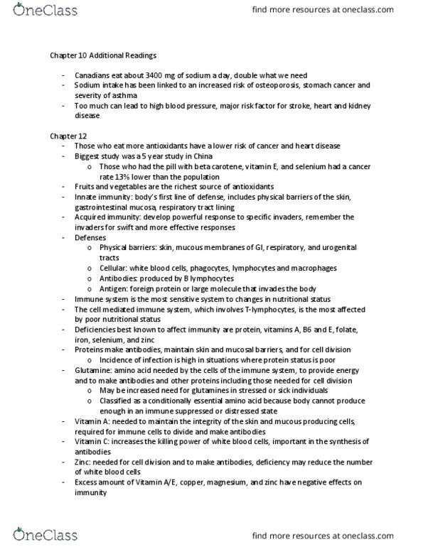 NUTR100 Chapter Notes - Chapter 10, 12: Innate Immune System, Antibody, Adaptive Immune System thumbnail