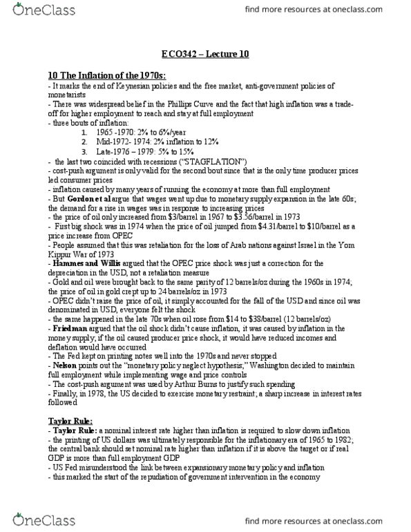 ECO342H1 Lecture Notes - Lecture 10: Nominal Interest Rate, Taylor Rule, Money Supply thumbnail