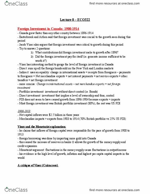 ECO322H1 Lecture Notes - Lecture 8: Central Canada, Capital Outflow, Jacob Viner thumbnail