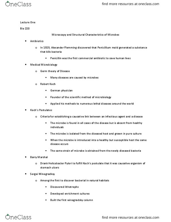 BIOL 220 Lecture Notes - Lecture 1: Eukaryote, Gram Staining, Archaea thumbnail