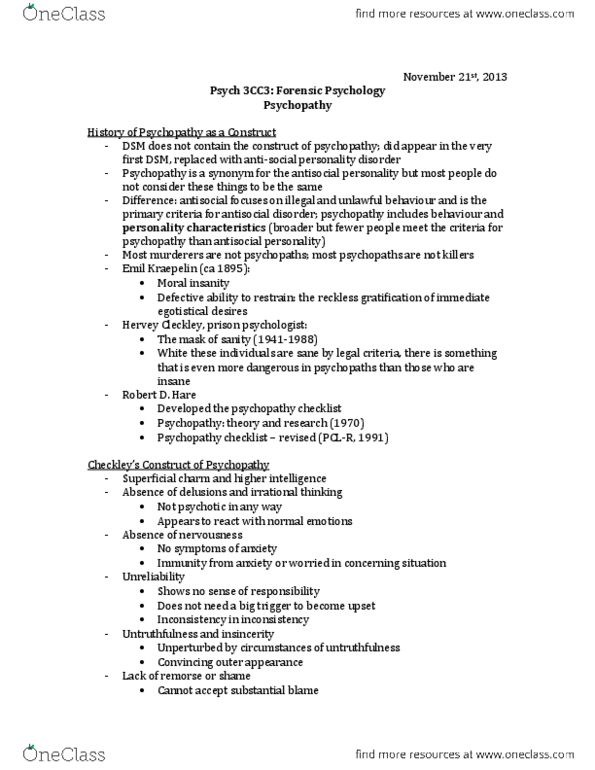 PSYCH 3CC3 Lecture Notes - Psychopathy Checklist, Antisocial Personality Disorder, Hervey M. Cleckley thumbnail