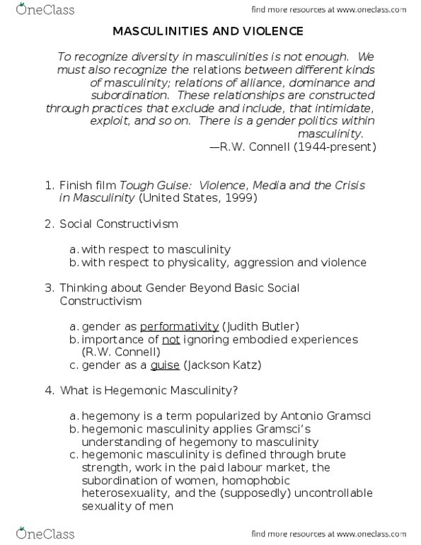 SOSC 1350 Lecture Notes - Judith Butler, Jackson Katz, Hegemonic Masculinity thumbnail