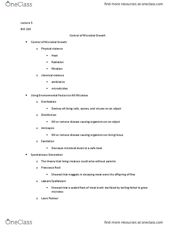 BIOL 220 Lecture Notes - Lecture 5: Antiseptic, Lazzaro Spallanzani, Francesco Redi thumbnail