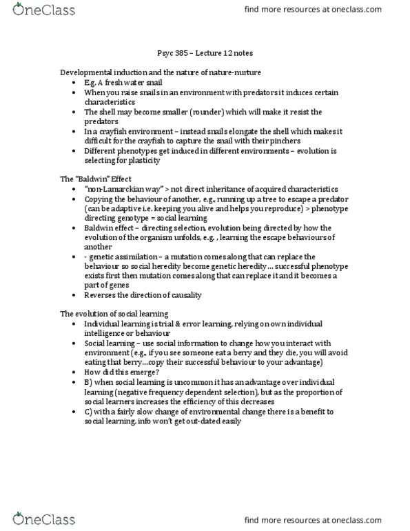 PSYC 385 Lecture Notes - Lecture 12: Baldwin Effect, Heredity, Frequency-Dependent Selection thumbnail