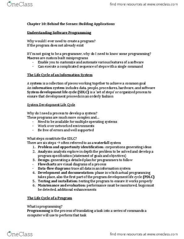 CIS 1200 Chapter Notes -Systems Development Life Cycle, Sql, Software Development Process thumbnail