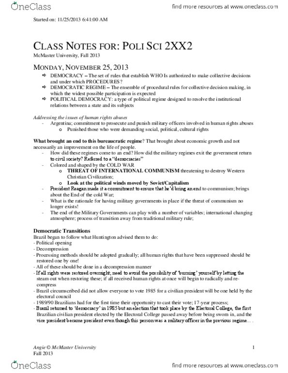 POLSCI 2XX3 Lecture Notes - Augusto Pinochet, Role Of Christianity In Civilization, Communism thumbnail