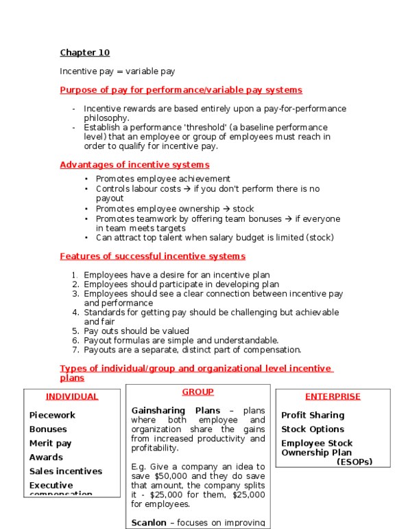 HRM 2600 Chapter Notes - Chapter 10: Merit Pay thumbnail