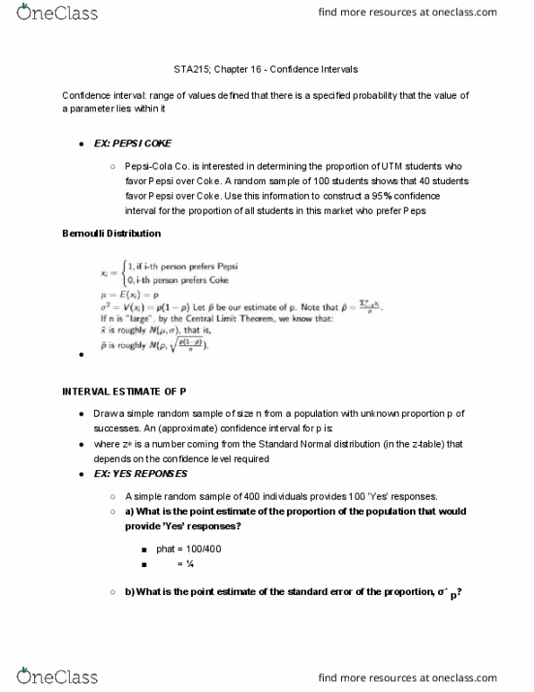 STA215H5 Lecture Notes - Lecture 16: Simple Random Sample, Bernoulli Distribution, Confidence Interval thumbnail