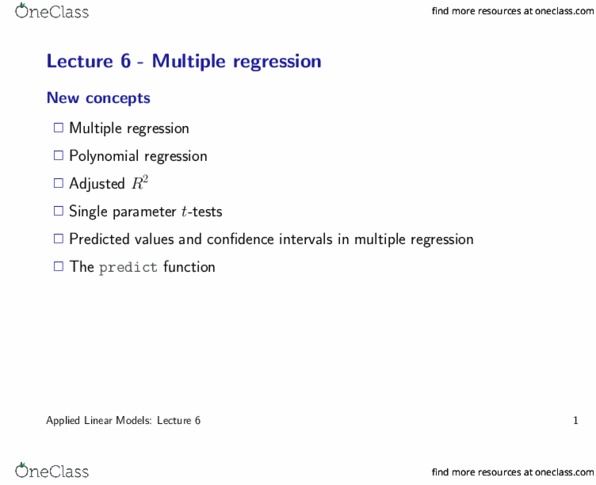 STAT3012 Lecture Notes - Lecture 6: Dependent And Independent Variables, Model Selection, Pearson Product-Moment Correlation Coefficient thumbnail