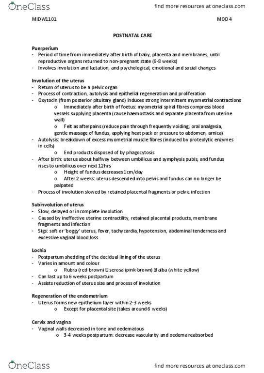 MIDW1101 Lecture Notes - Lecture 4: Lactational Amenorrhea, Enterocolitis, Thyroid Hormones thumbnail