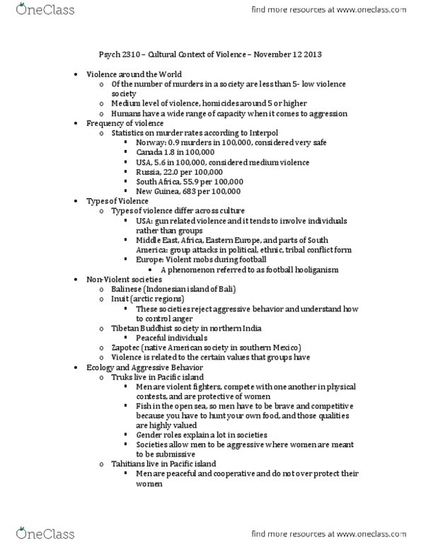 PSYC 2310 Lecture Notes - Tibetan Buddhism, List Of Countries By Intentional Homicide Rate, Psych thumbnail