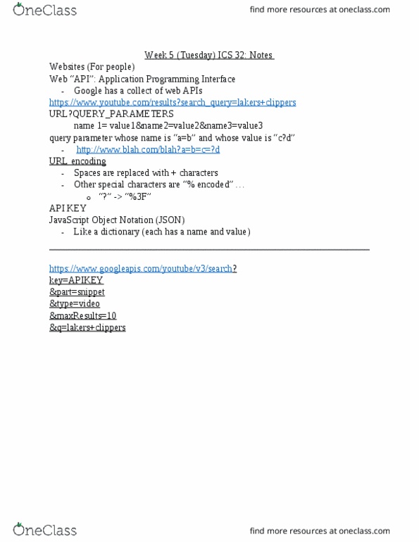 I&C SCI 32 Lecture Notes - Lecture 5: Json, Percent-Encoding, Application Programming Interface thumbnail