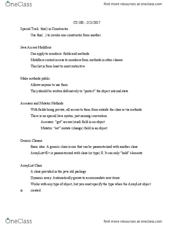 CS 18000 Lecture Notes - Lecture 7: Foreach Loop, Java Syntax, Dynamic Array thumbnail