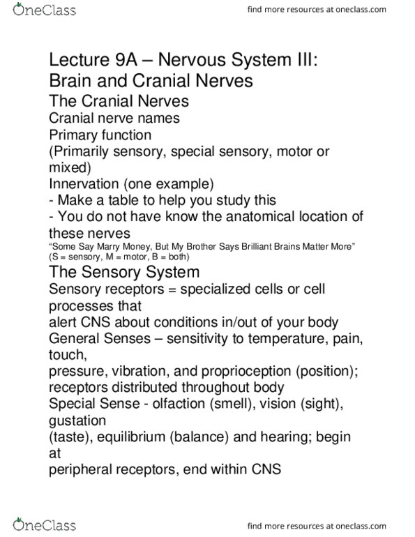 BIO210Y5 Lecture Notes - Lecture 9: Cranial Nerves, Sensory Neuron, Unix System Iii thumbnail