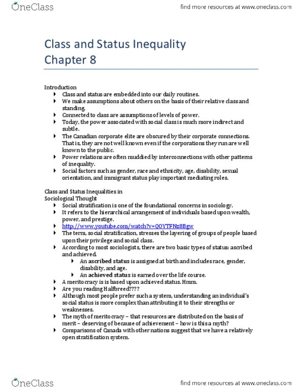 SOCI 1010 Lecture Notes - Thorstein Veblen, Ascribed Status, Social Stratification thumbnail