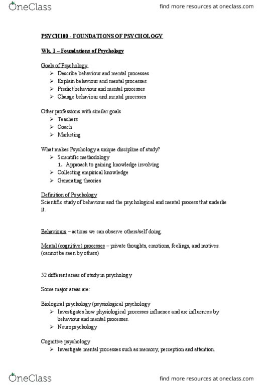 PSYC100 Lecture Notes - Lecture 1: Clinical Neuropsychology, Nipple, Cognitive Psychology thumbnail