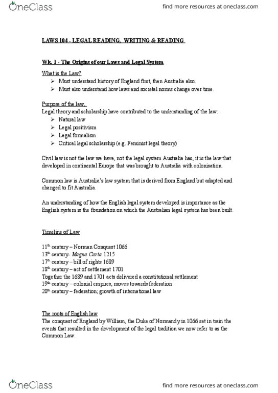 LAWS104 Lecture Notes - Lecture 1: Curia Regis, Colonial Laws Validity Act 1865, Precedent thumbnail