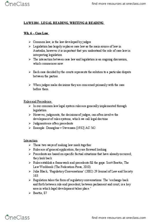 LAWS104 Lecture 6: LAWS 104 - WK 6 - CASE LAW thumbnail