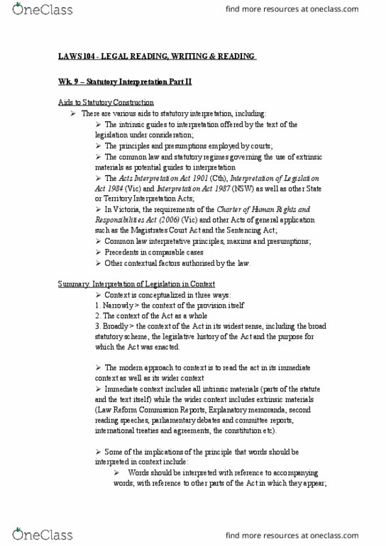 LAWS104 Lecture Notes - Lecture 9: Macquarie Dictionary, Nsw Law Reports, Primary And Secondary Legislation thumbnail