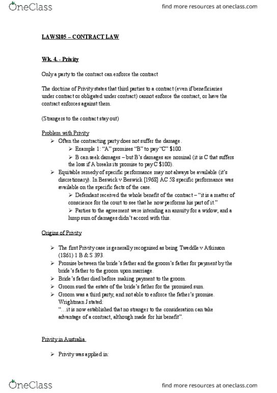 LAWS105 Lecture Notes - Lecture 4: Thomas Edward Scrutton, Oral Contract, Australian Consumer Law thumbnail