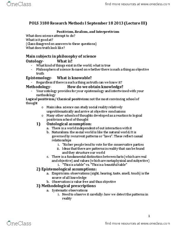 POLS 3180 Lecture Notes - Logical Positivism, Antipositivism, Social Reality thumbnail