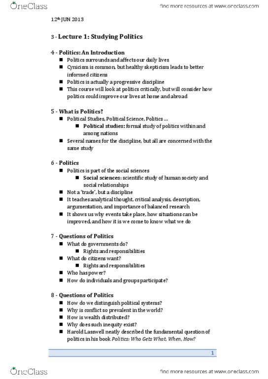 POL 100 Lecture Notes - Harold Lasswell, Liberal Democracy, Authoritarianism thumbnail